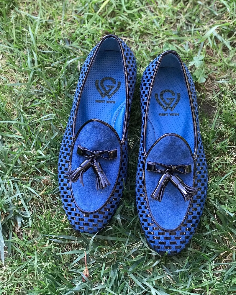 Blue Suede Tassel Groom Wedding Loafers for Men by GentWith.com with Free Worldwide Shipping