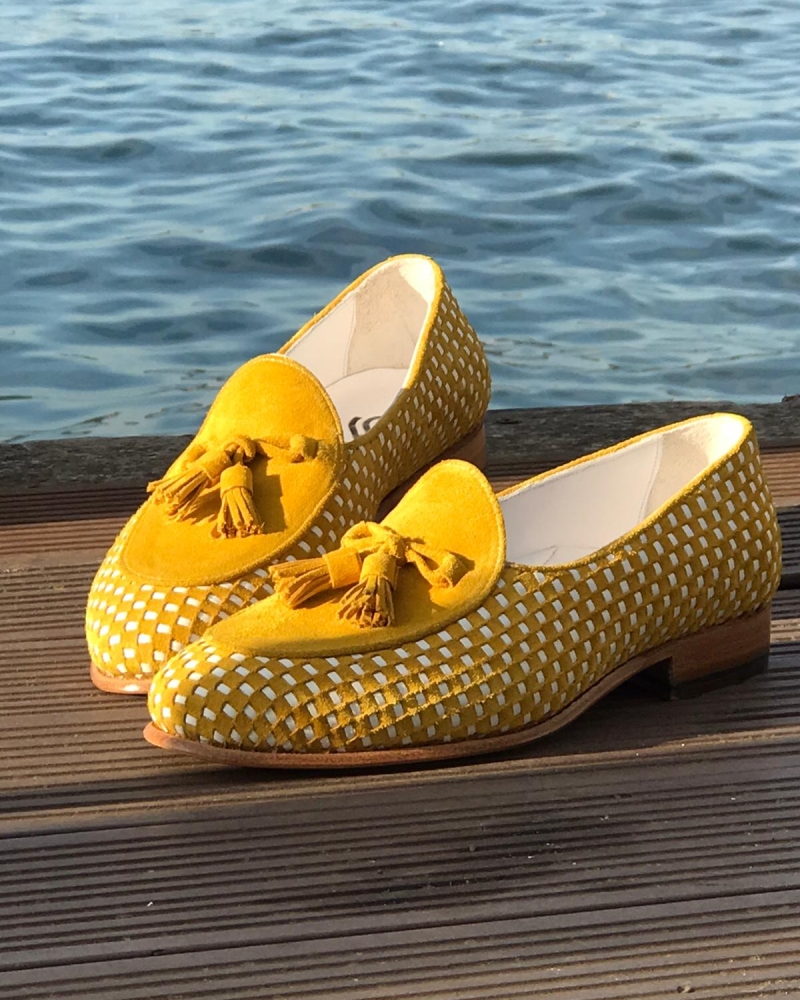 Handmade Yellow Genuine Suede Leather Tassel Loafers by GentWith.com with Free Worldwide Shipping