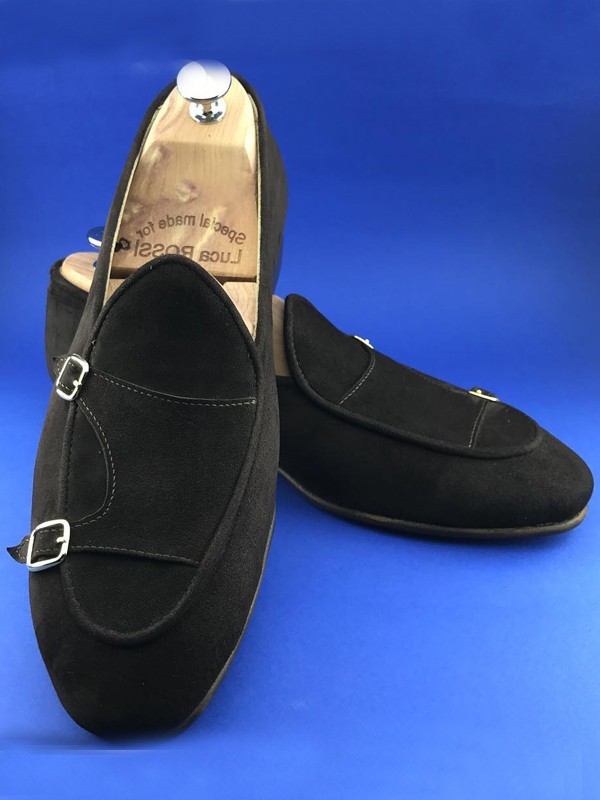 Black suede double 2024 monk strap shoes