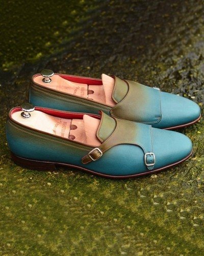 Azure Handmade Calf Leather Bespoke Monk Strap Loafer by Gentwith.com with Free Shipping