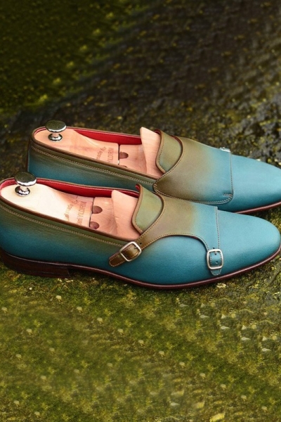 Azure Handmade Calf Leather Bespoke Monk Strap Loafer by Gentwith.com with Free Shipping