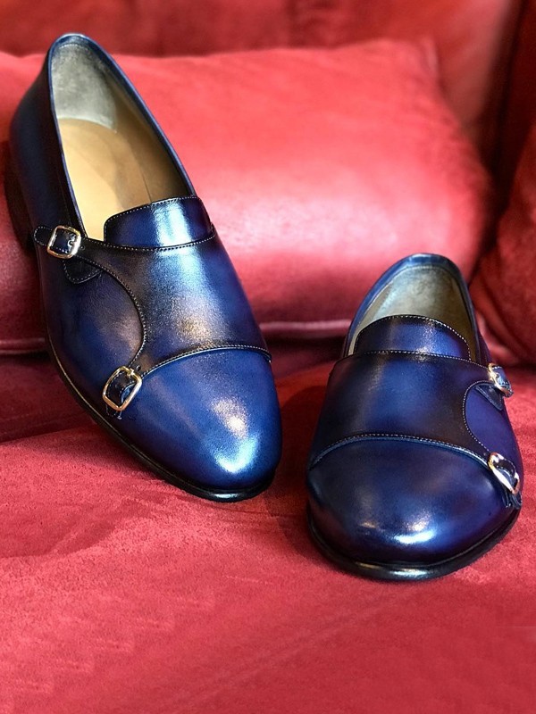 Blue Handmade Calf Leather Bespoke Monk Strap Loafer by Gentwith.com with Free Shipping