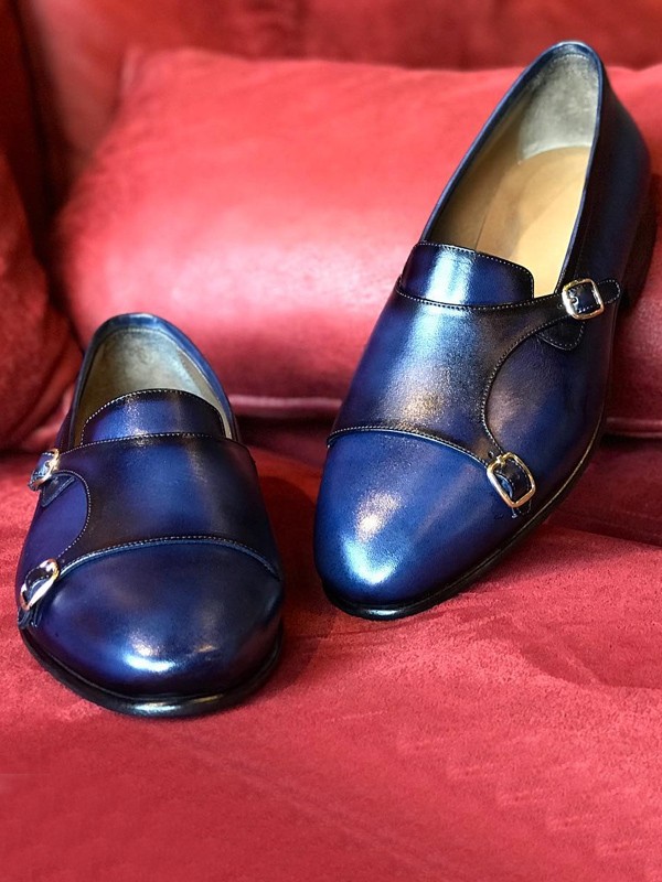 Blue Handmade Calf Leather Bespoke Monk Strap Loafer by Gentwith.com with Free Shipping