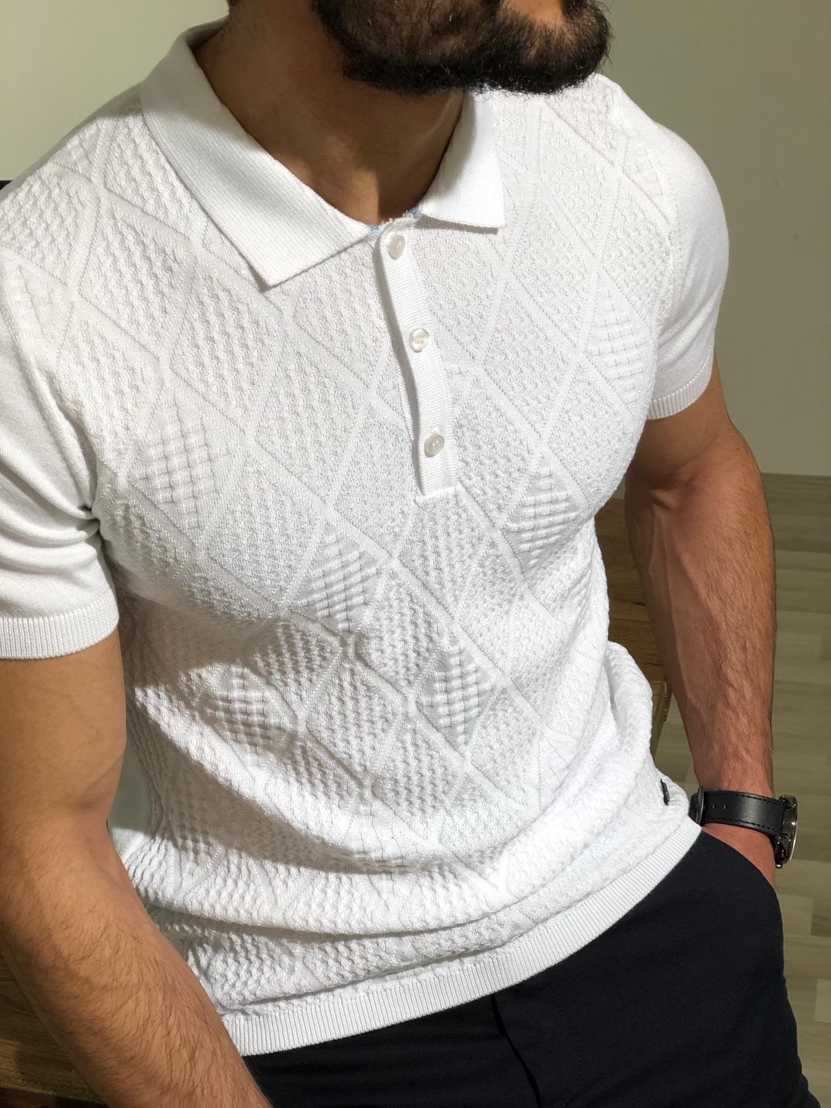 GentWith Laughlin White Slim Fit Cross Pattern Round Neck T-Shirt - GENT  WITH