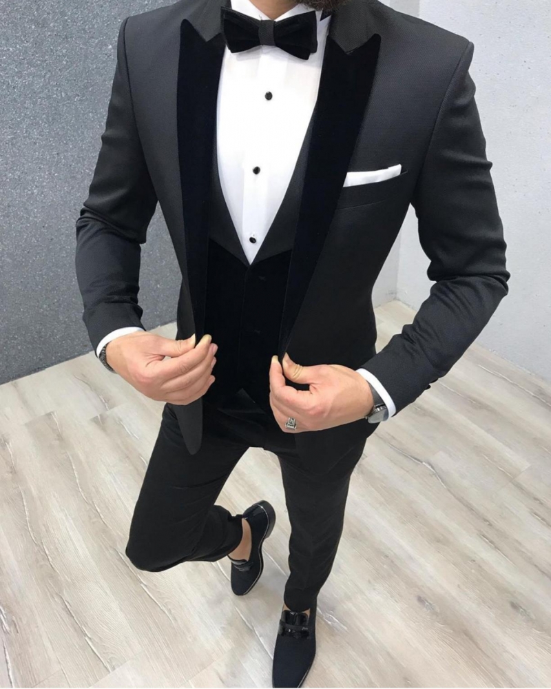 Black Slim Fit Velvet Collar Tuxedo by GentWith.com with Free Worldwide Shipping