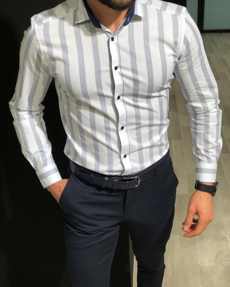 Buy White Slim Fit Striped Dress Shirt by Gentwith.com with Free Shipping