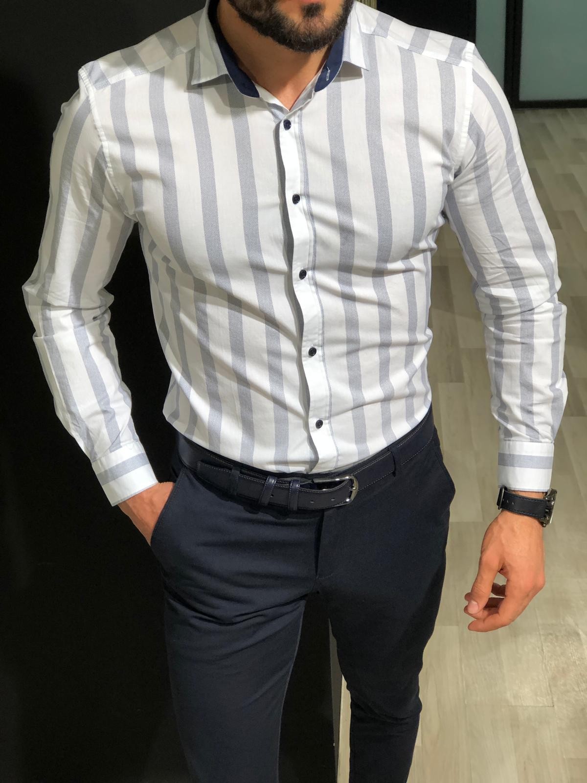 Buy White Slim Fit Striped Dress Shirt by Gentwith.com with Free Shipping