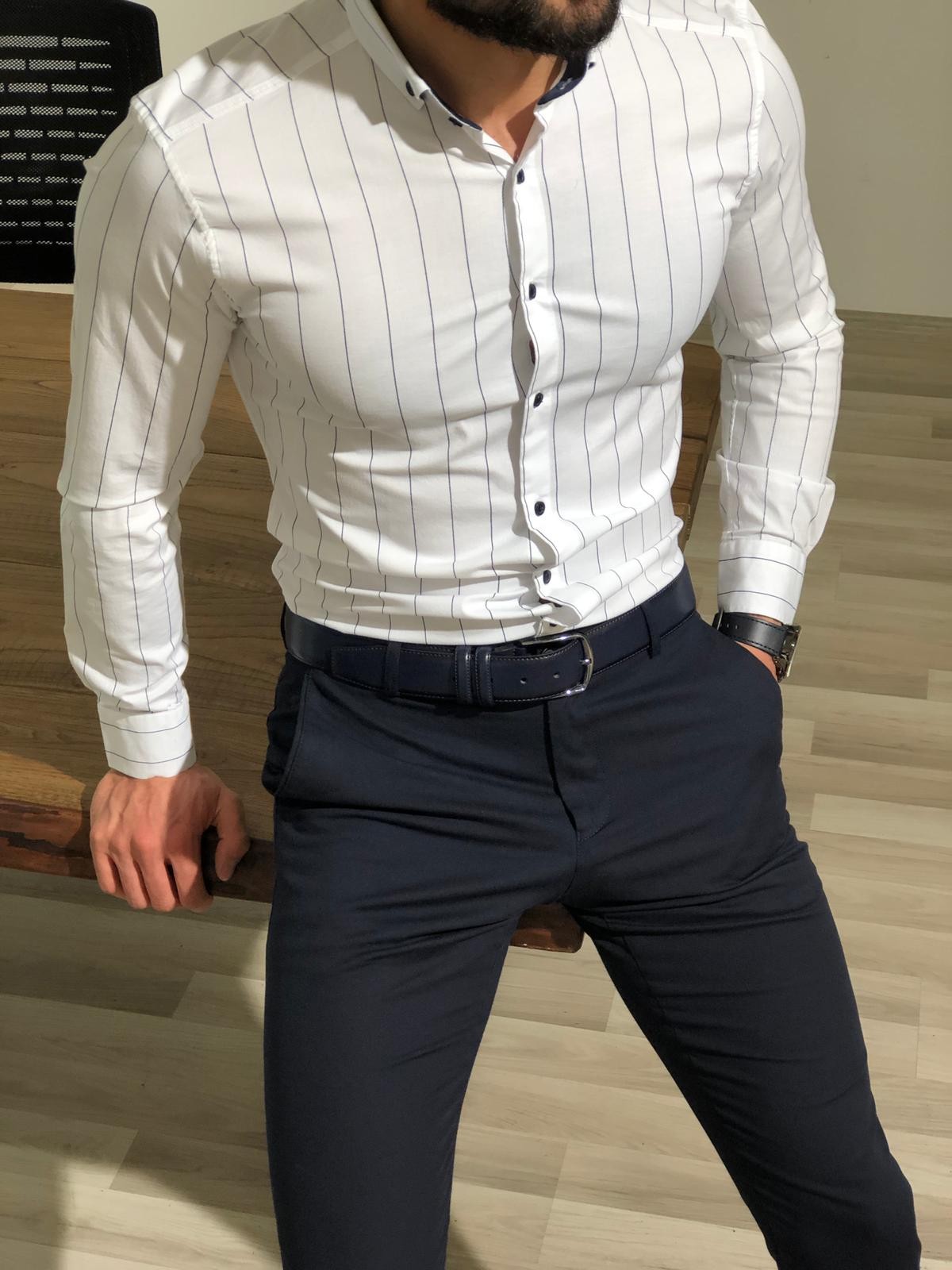 Buy White Slim Fit Striped Shirt by Gentwith.com with Free Shipping