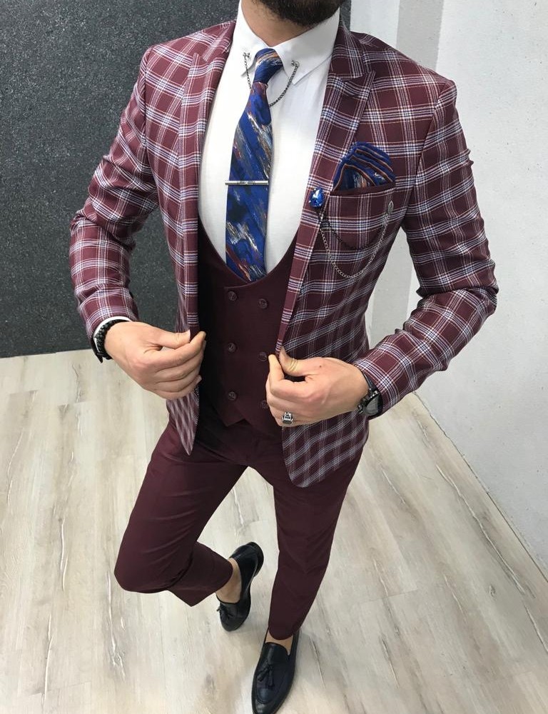 Claret Red Slim Fit Plaid Suit by Gentwith.com with Free Shipping