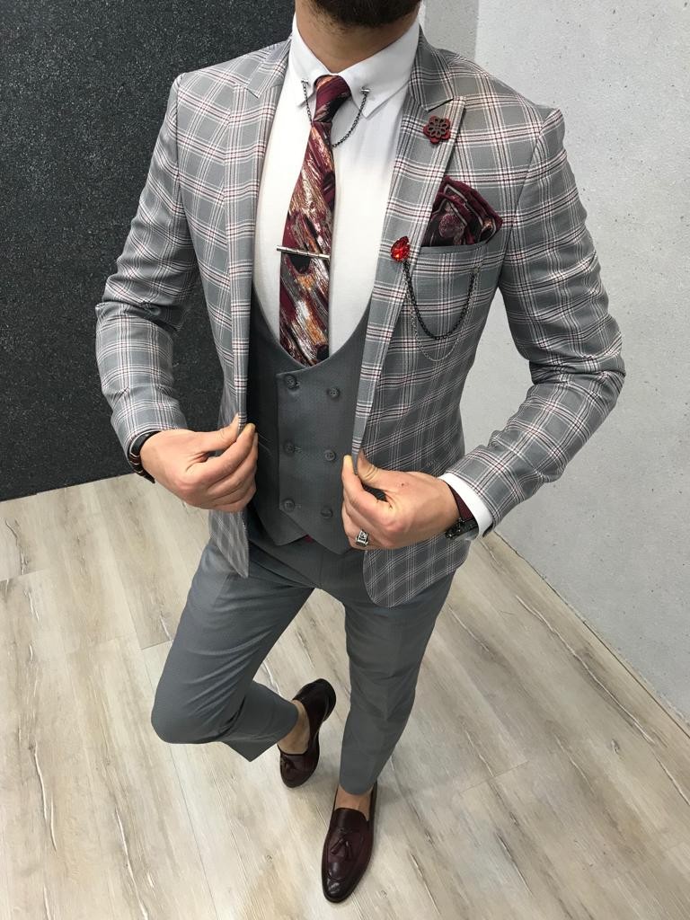 Gray Slim Fit Plaid Suit by Gentwith.com with Free Shipping