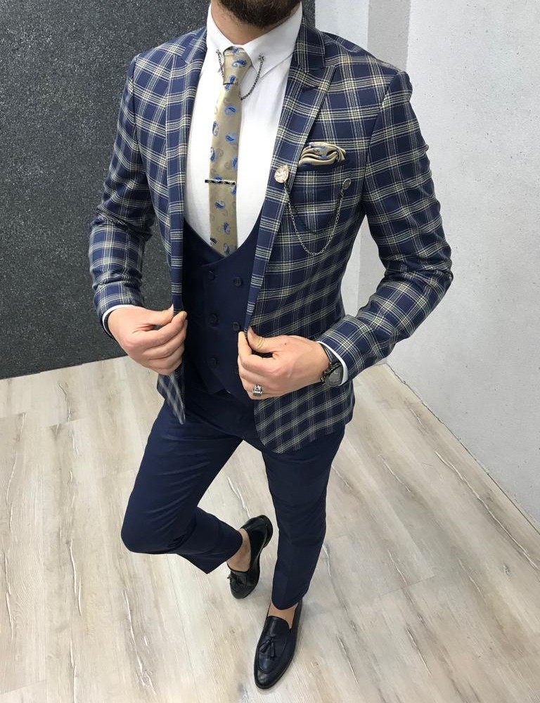 Navy Blue Slim Fit Plaid Suit by Gentwith.com with Free Shipping