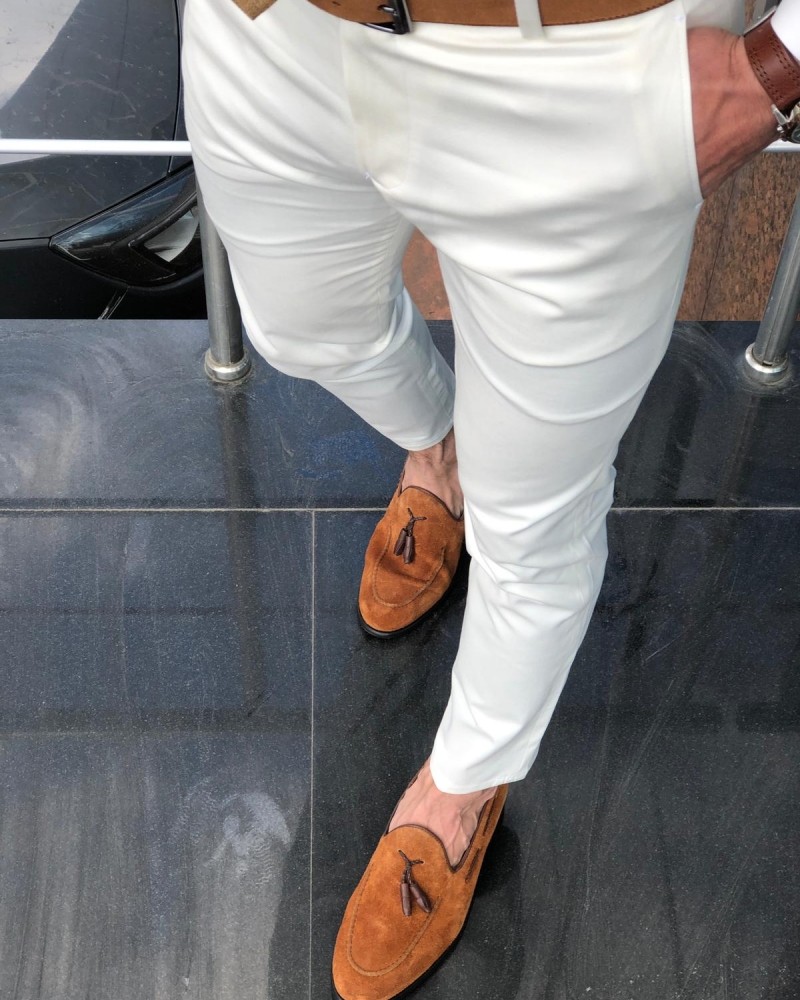 Ecru Slim Fit Cotton Pants by GentWith.com with Free Shipping