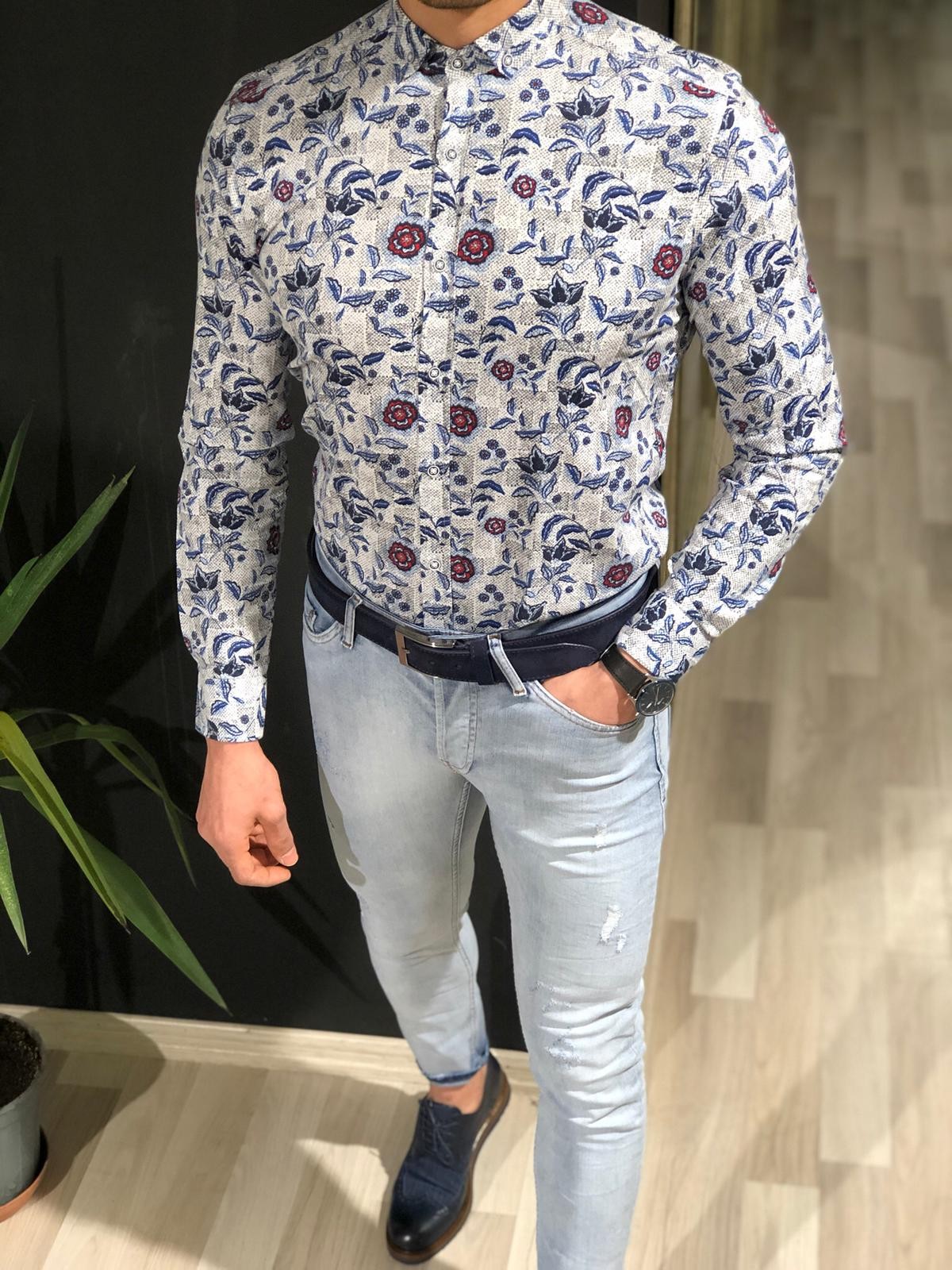 Buy White Slim Fit Floral Shirt by Gentwith.com with Free Shipping