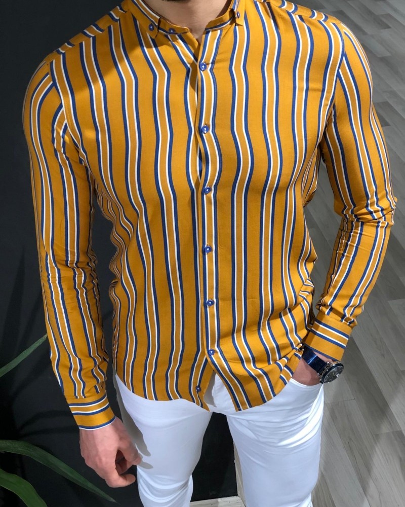 Mustard Slim Fit Striped Shirt by Gentwith.com with Free Shipping