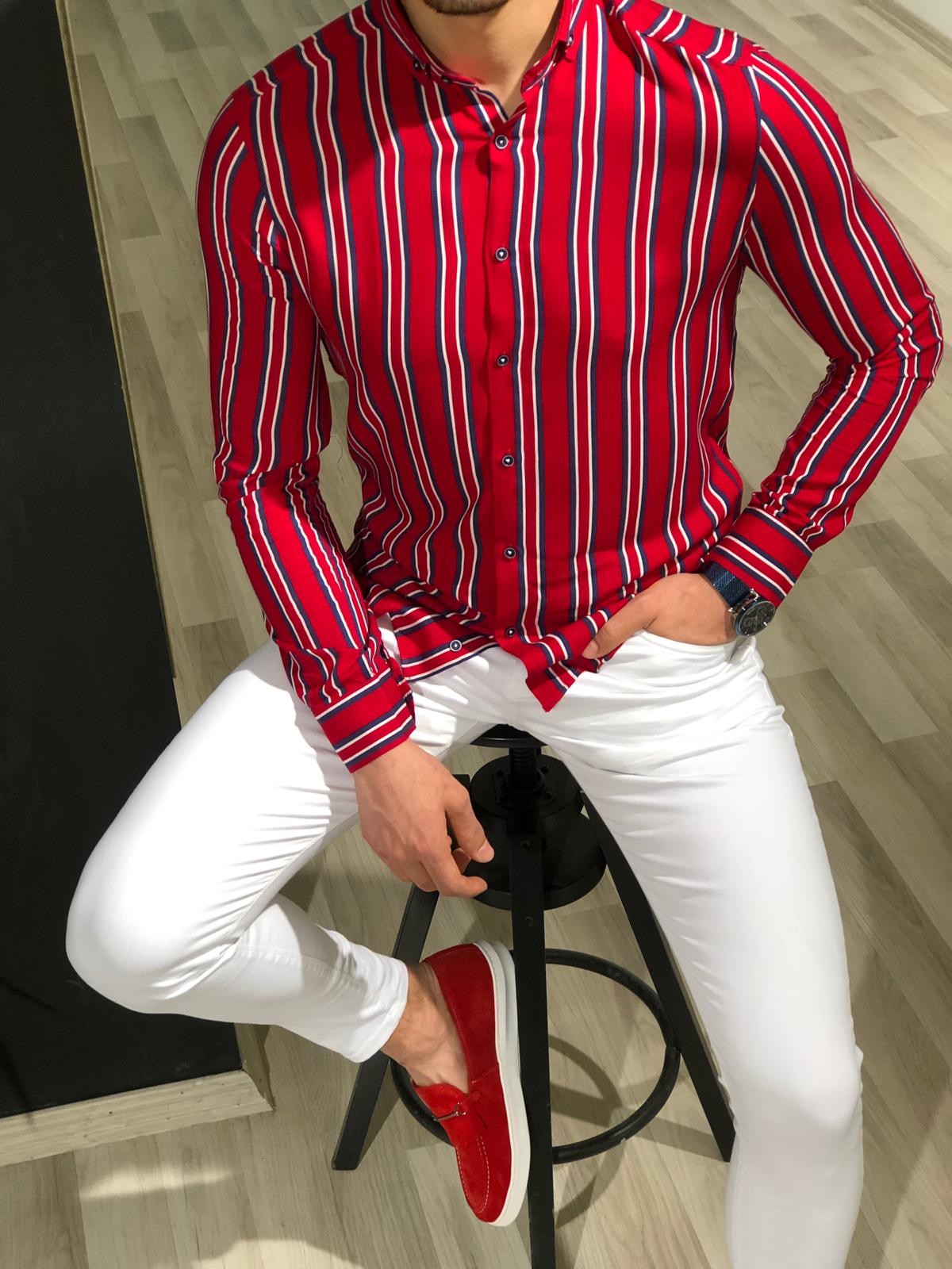 Red Striped Shirt + Jeans