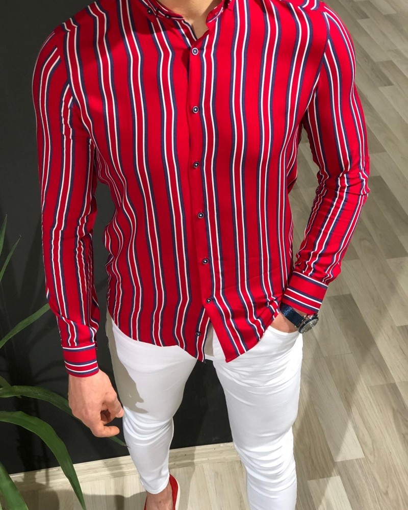 Red Slim Fit Striped Shirt by Gentwith.com with Free Shipping