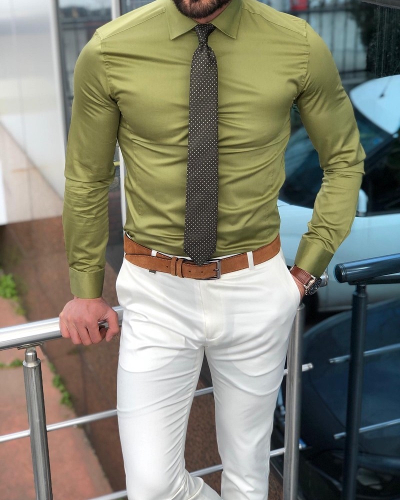 Khaki Slim Fit Cotton Shirt Men by Gentwith.com with Free Shipping