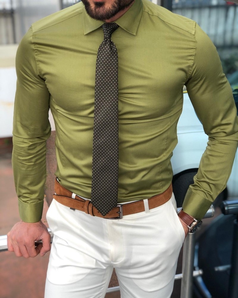 Khaki Slim Fit Cotton Shirt by Gentwith.com with Free Shipping