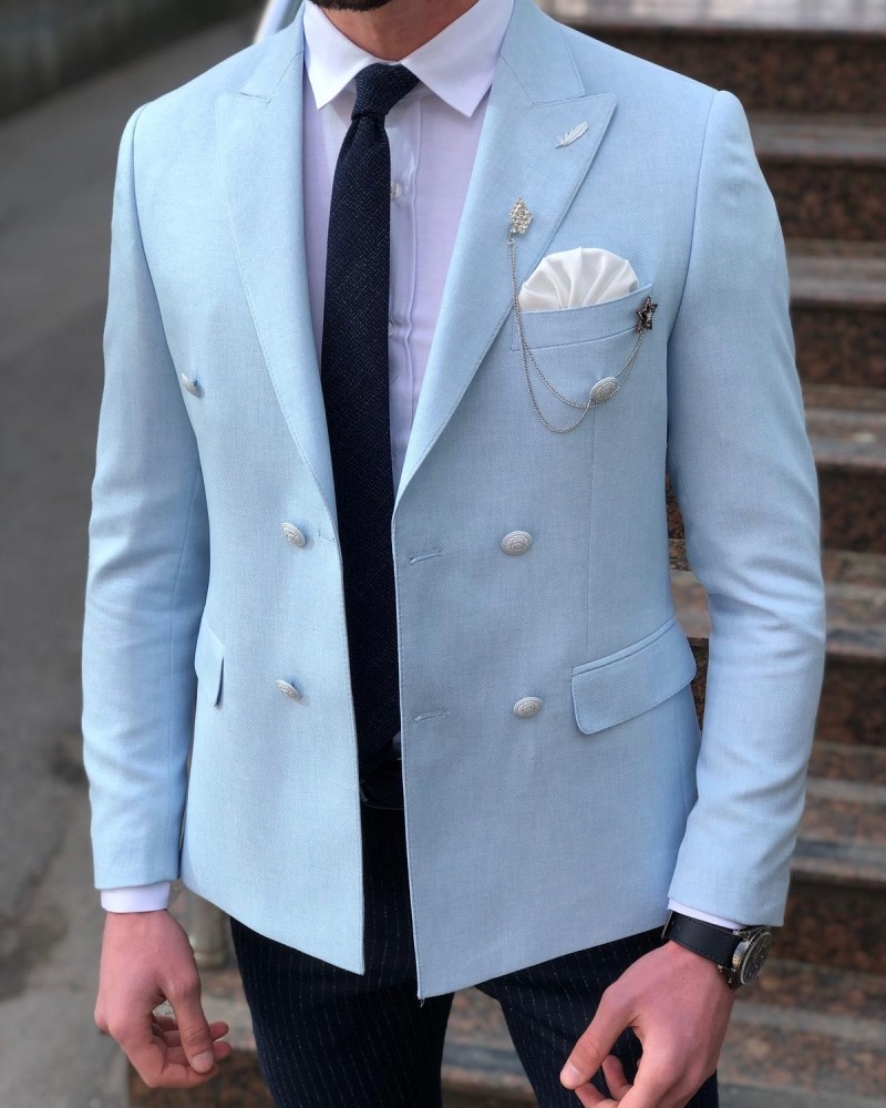 Blue Slim Fit Double Breasted Blazer by Gentwith.com with Free Shipping
