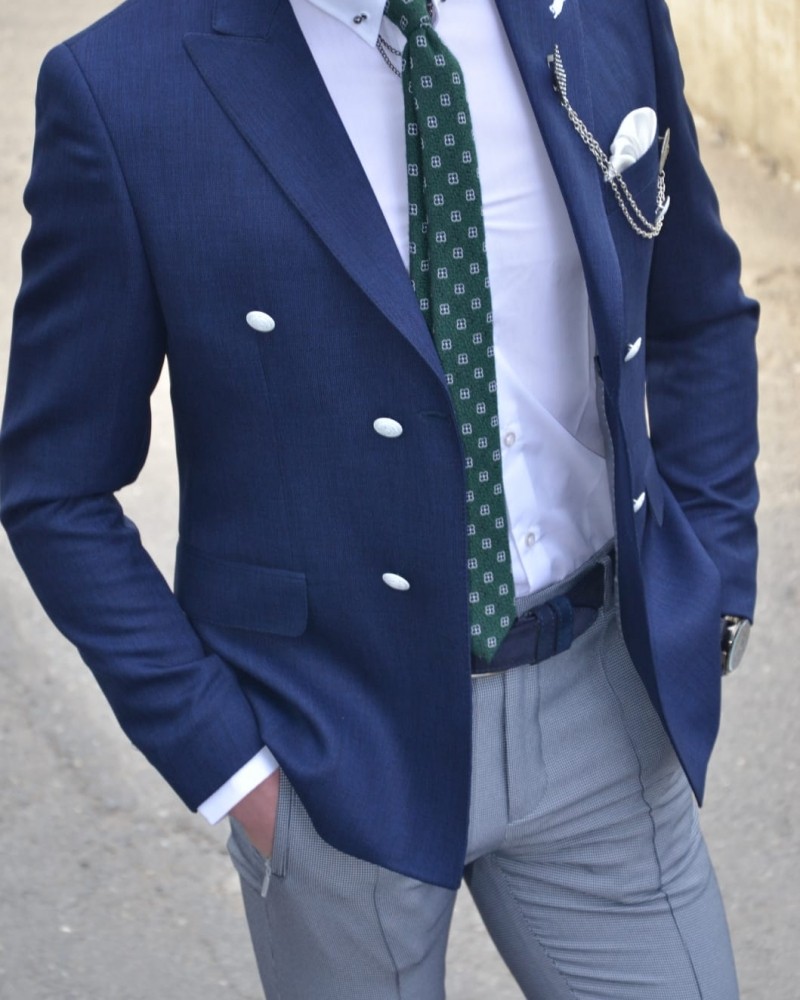 Navy Blue Slim Fit Double Breasted Blazer by Gentwith.com with Free Shipping