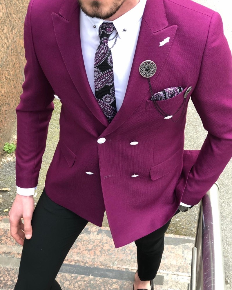 Purple Slim Fit Double Breasted Blazer by Gentwith.com with Free Shipping