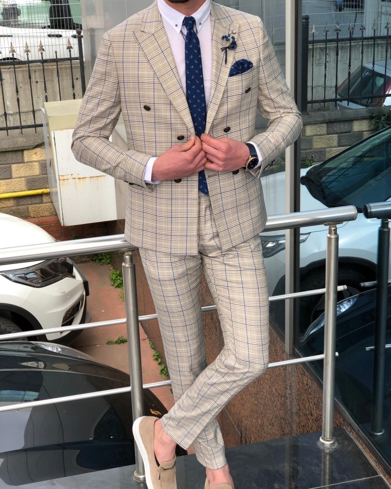 Beige Slim Fit Plaid Double Breasted Suit by GentWith.com