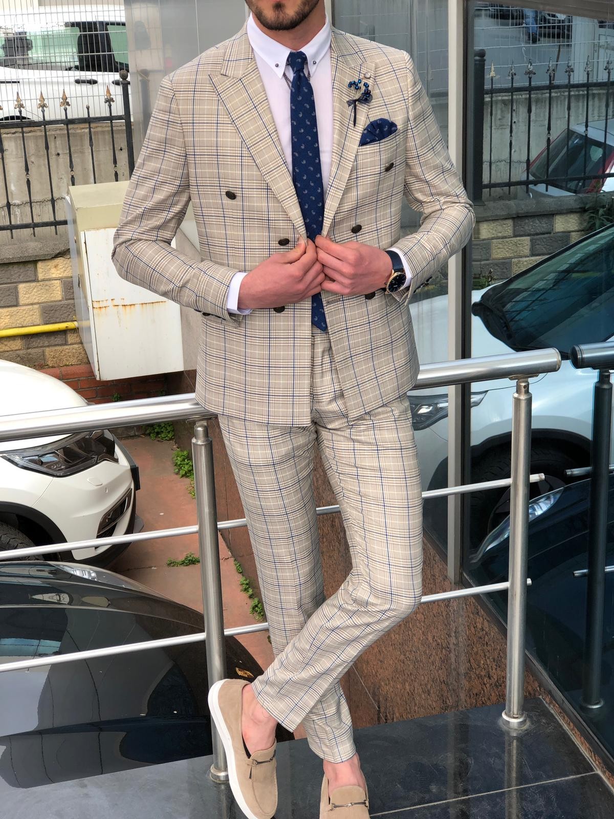Beige Slim Fit Plaid Double Breasted Suit by GentWith.com