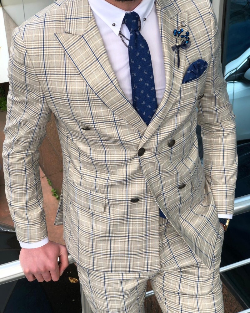 Beige Slim Fit Plaid Double Breasted Suit by GentWith.com