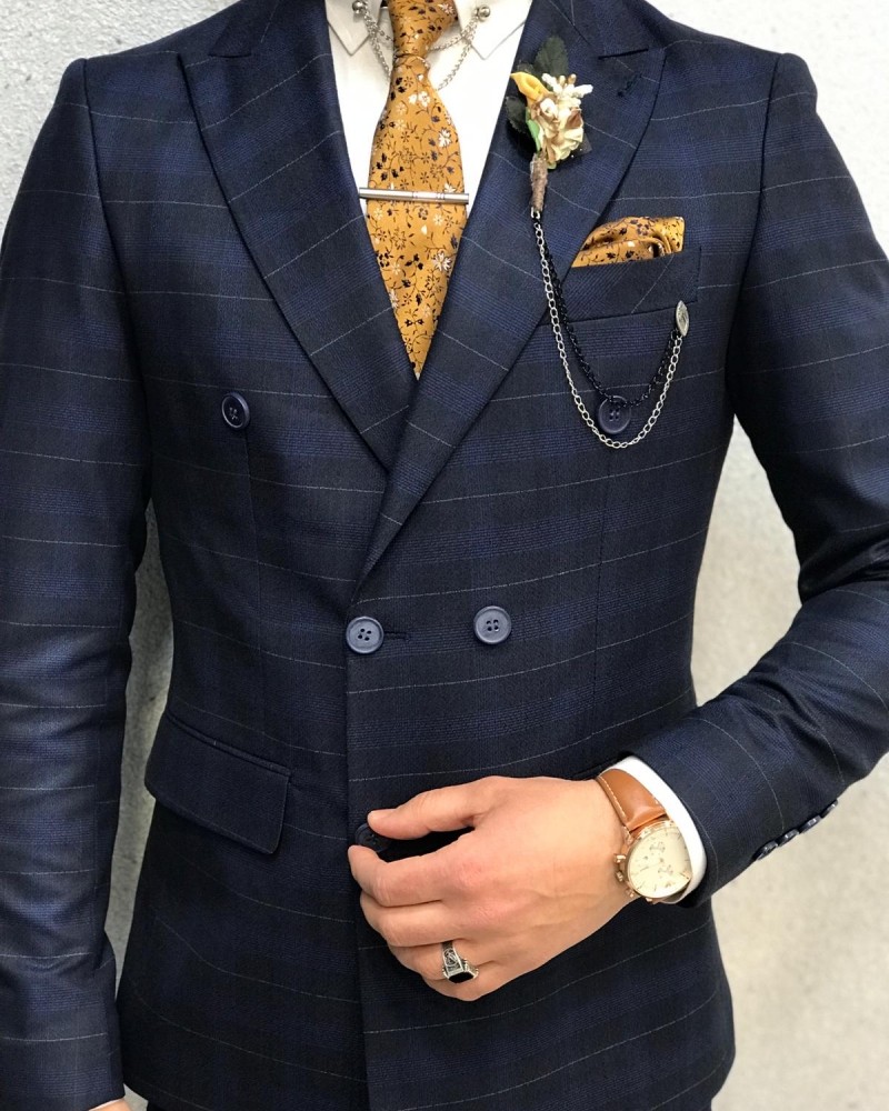 Navy Blue Double Breasted Plaid Suit by Gentwith.com