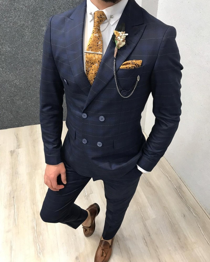 Buy Navy Blue Double Breasted Plaid Suit by Gentwith.com