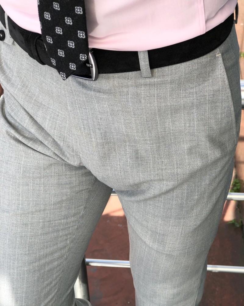 Gray Slim Fit Striped Pants by GentWith.com with Free Shipping
