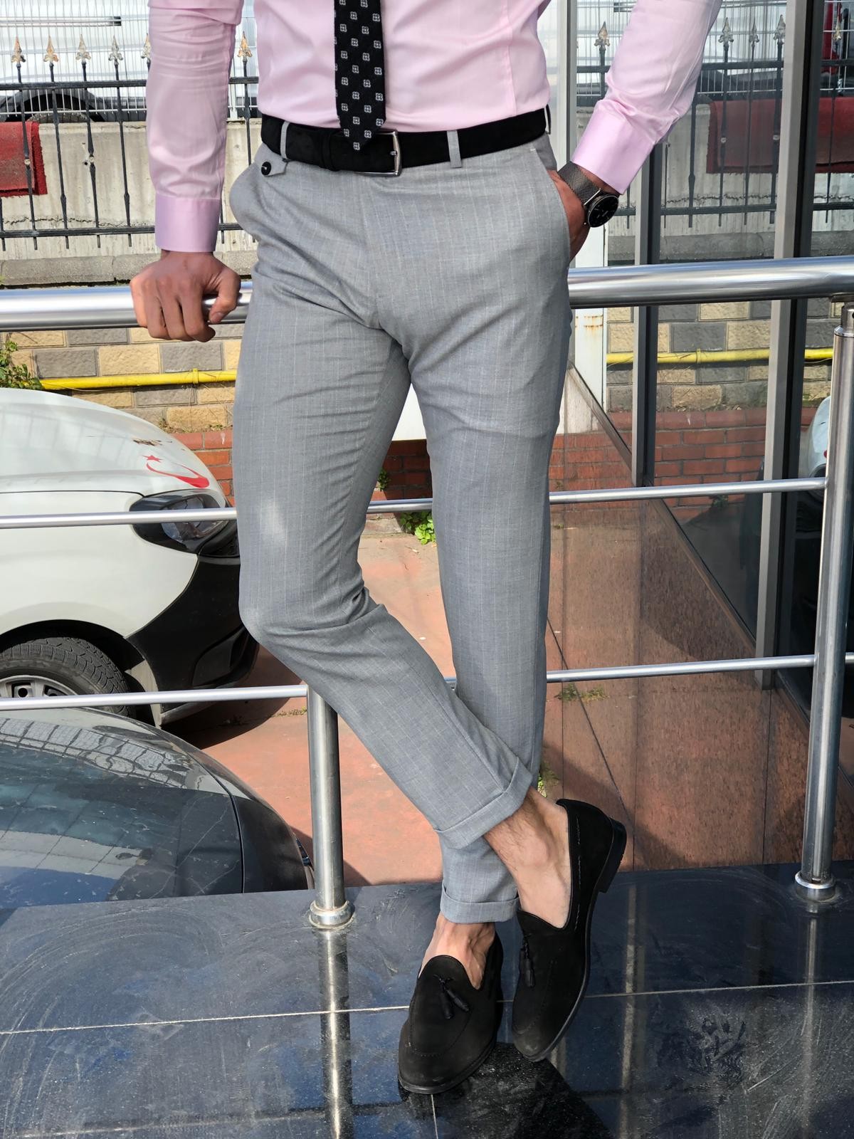Buy Gray Slim Fit Striped Pants by  with Free Shipping