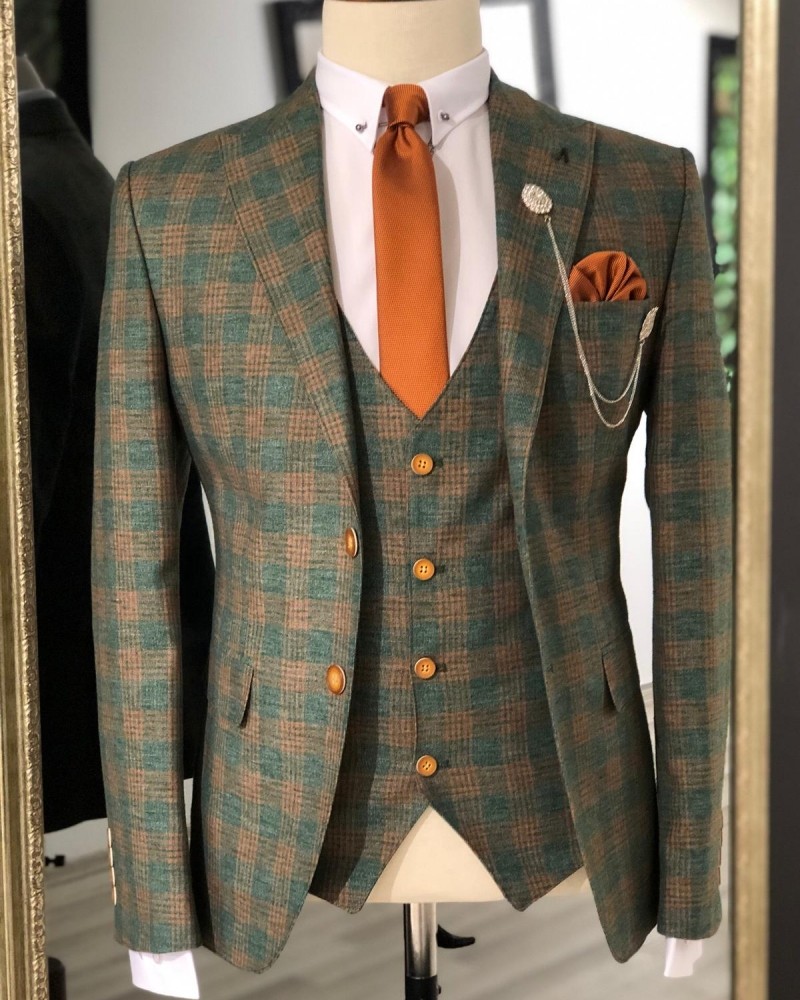 Khaki Slim Fit Plaid Suit Men by GentWith.com with Free Shipping