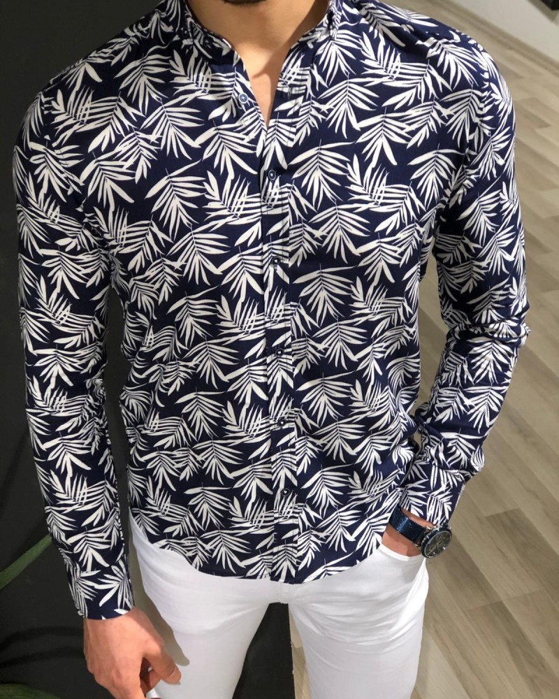 Navy Blue Palm Tree Pattern Shirt by Gentwith.com with Free Shipping