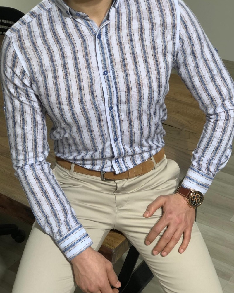 White Slim Fit Striped Shirt by Gentwith.com with Free Shipping