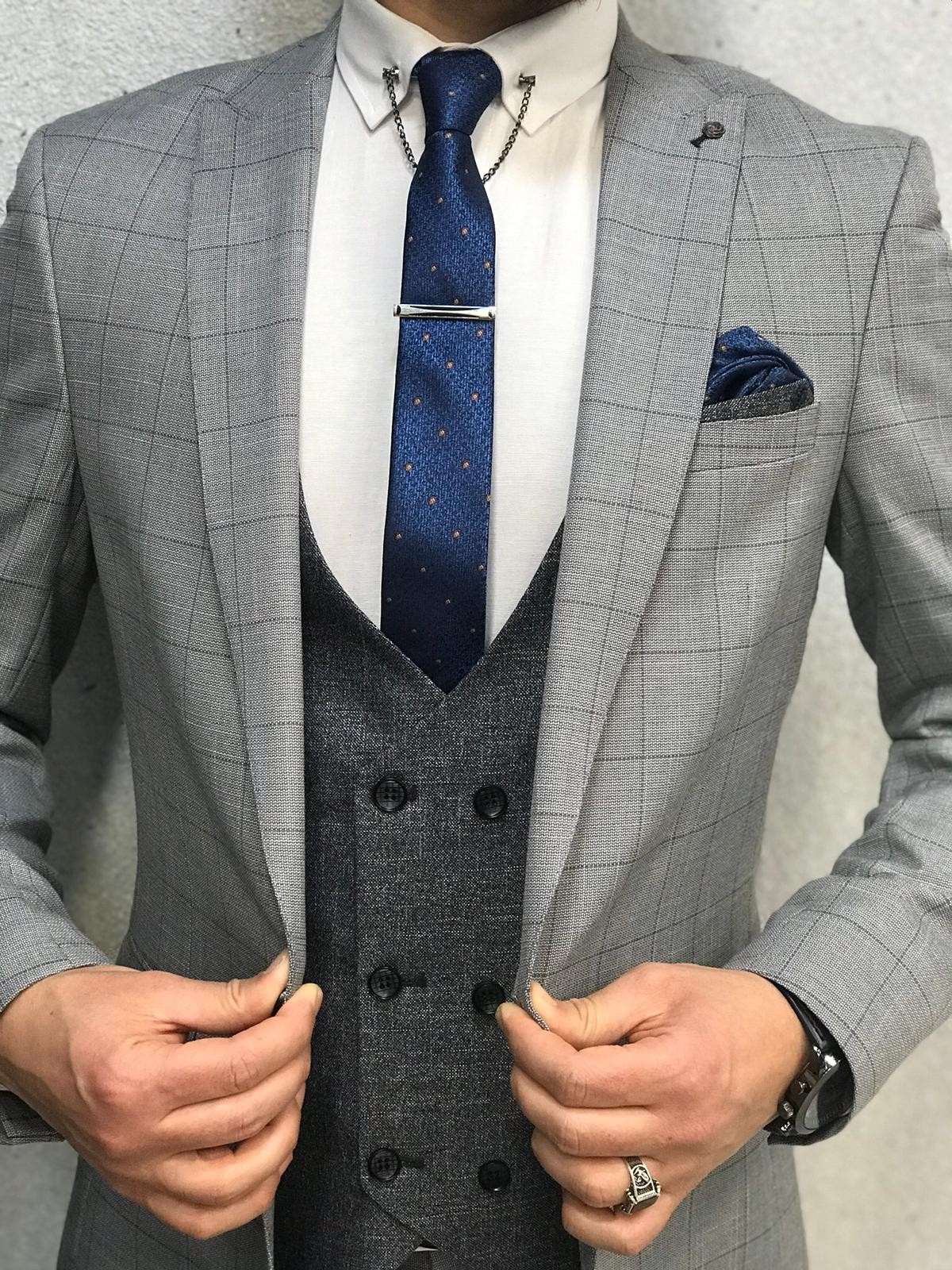 Buy Gray Slim Fit Plaid Suit by Gentwith.com with Free Shipping