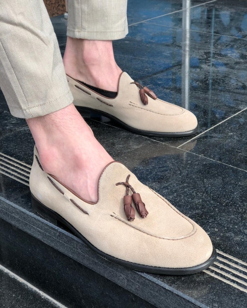 Beige Suede Tassel Loafer by GentWith.com with Free Shipping