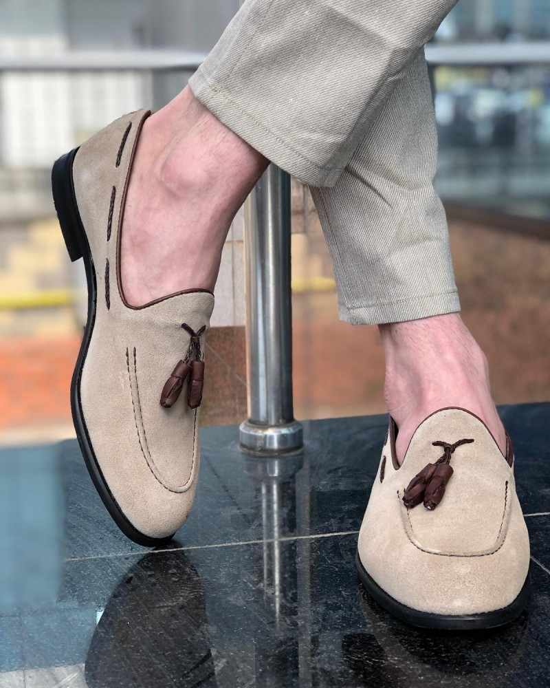 Beige Suede Tassel Loafer by GentWith.com with Free Shipping