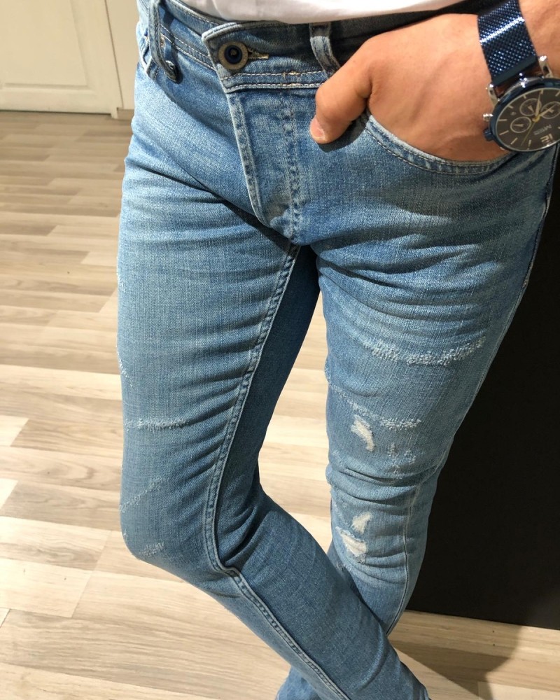Buy Blue Slim Fit Distressed Jeans by Gentwith.com with Free Shipping
