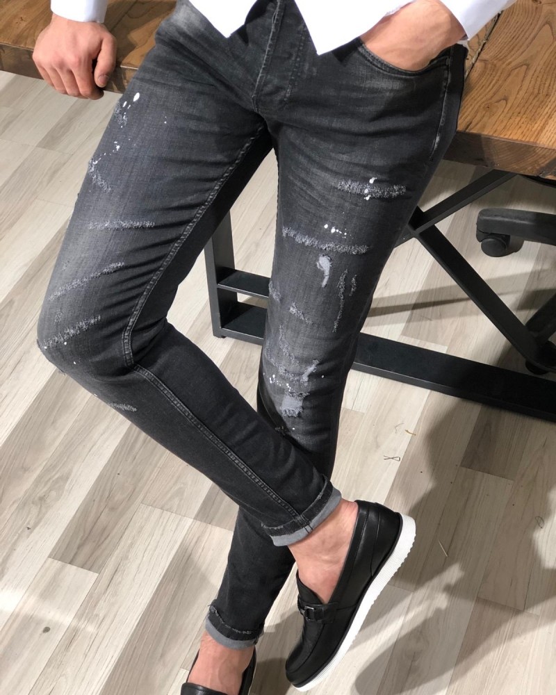 Black Slim Fit Distressed Jeans by GentWith.com with Free Shipping