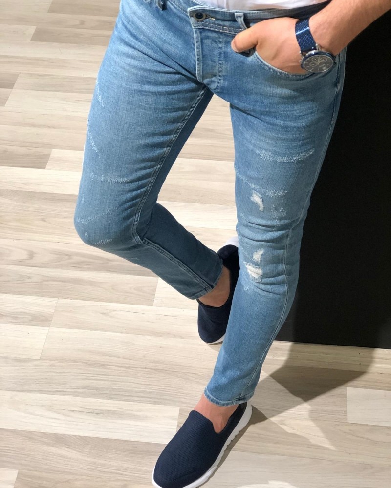 Blue Distressed Jeans by GentWith.com with Free Shipping