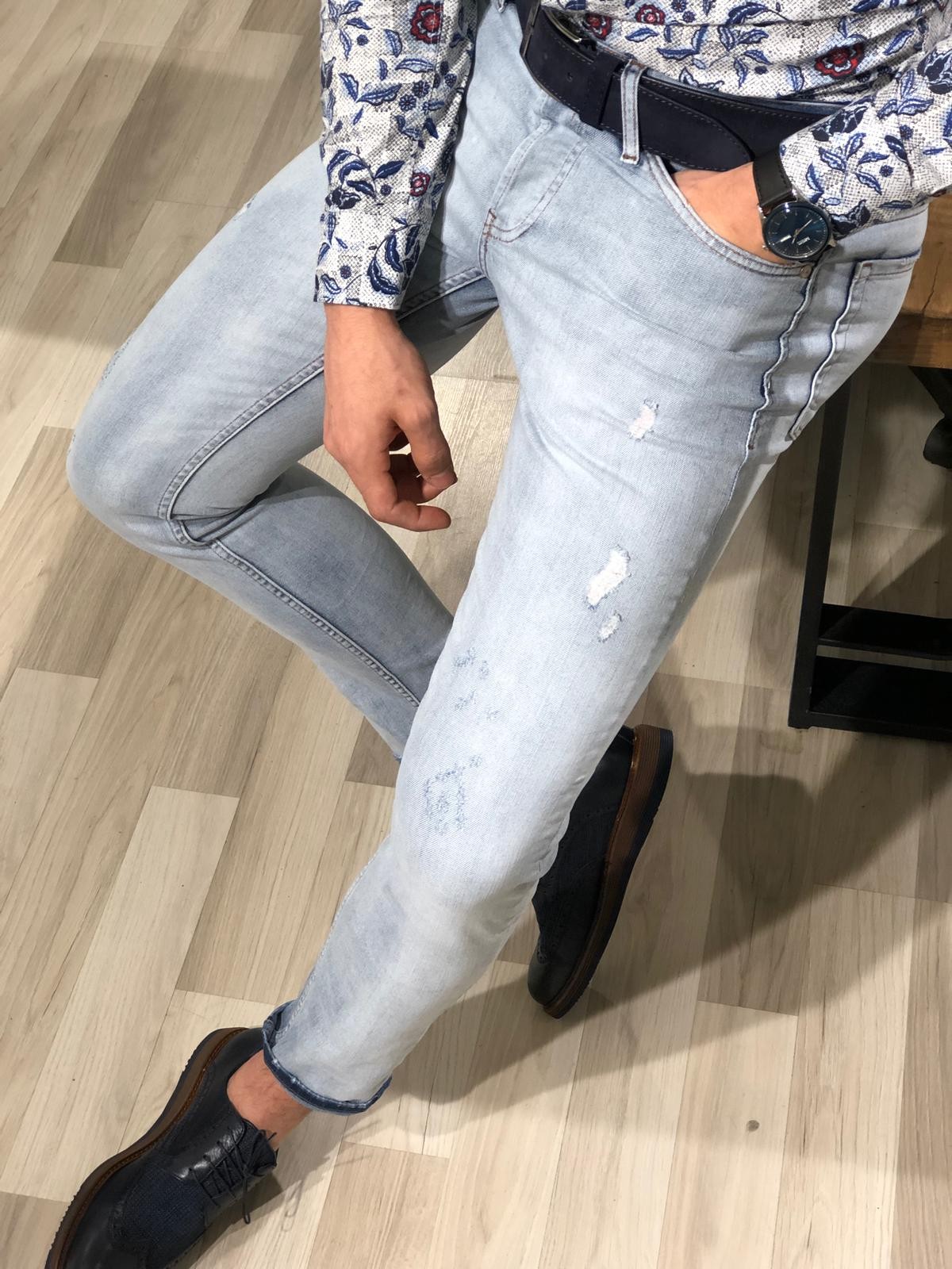 Buy Blue Slim Fit Ripped Jeans by Gentwith.com with Free Shipping