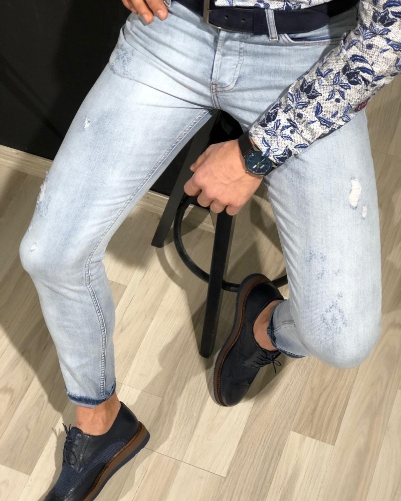 Buy Blue Slim Fit Ripped Jeans by Gentwith.com with Free Shipping