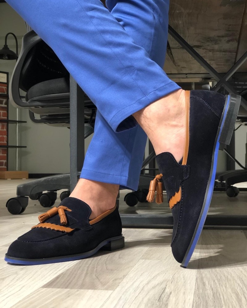 Navy Blue Kiltie Tassel Suede Loafer by Gentwith.com with Free Shipping