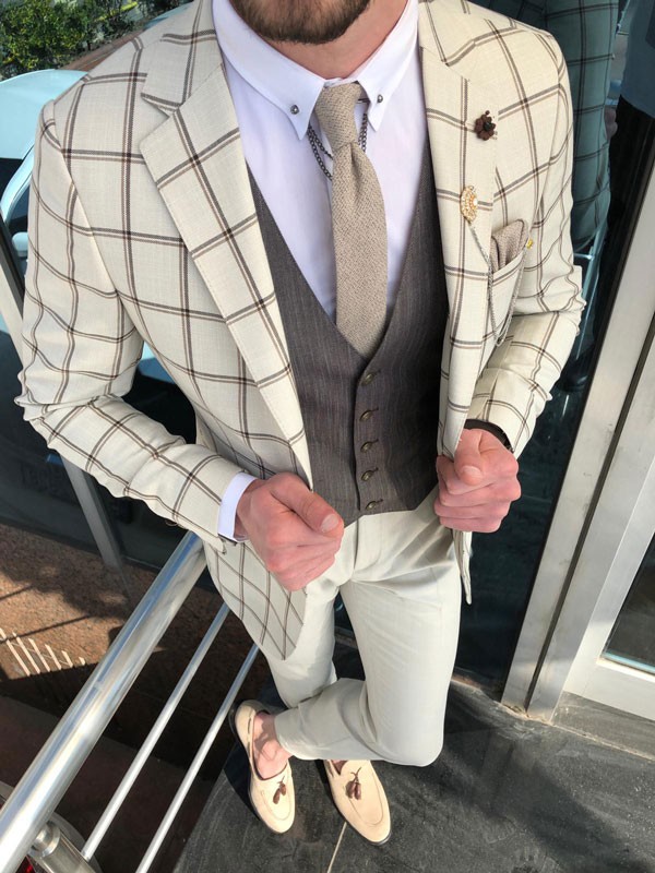 Beige Slim Fit Plaid Suit by GentWith.com with Free Shipping