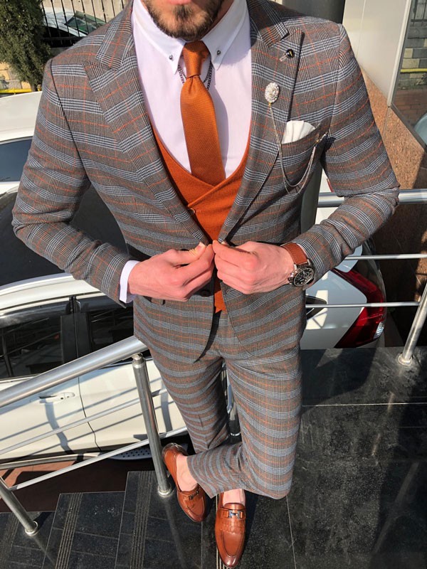 Orange Slim Fit Plaid Suit by GentWith.com with Free Shipping