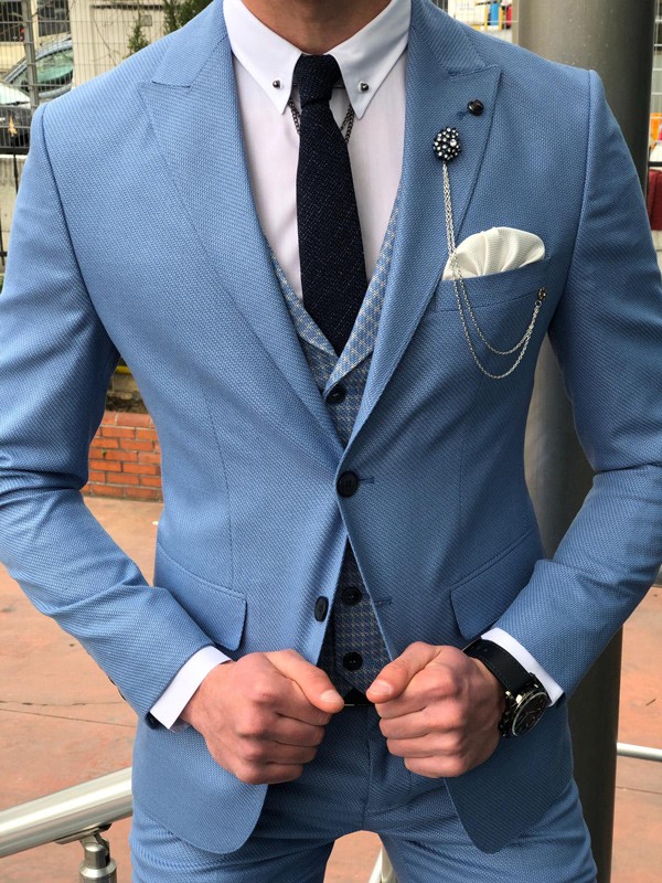 Buy Blue Slim Fit Patterned Suit by GentWith.com with Free Shipping