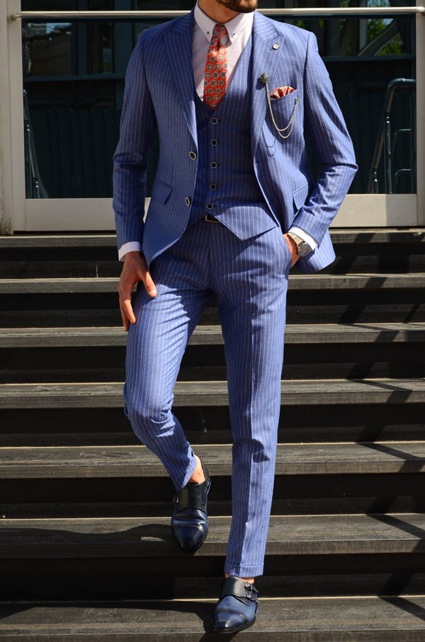 Blue Slim Fit Striped Suit by GentWith.com with Free Shipping