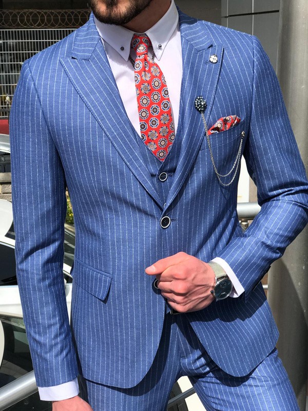 Blue stripe suit with vest – Bonsoir