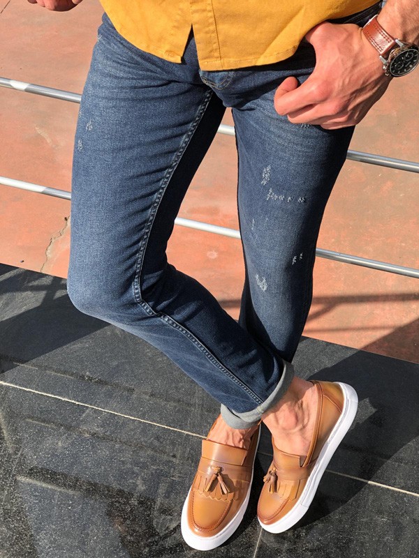 navy blue distressed jeans